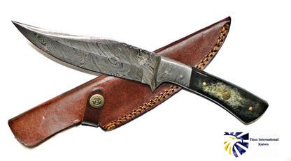Hand forged Damascus hunting knife TD-193 by Titan, patterned blade, leather sheath on Tampa Home & Garden Store