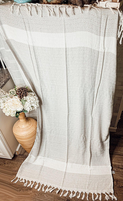 Gia Roma Haley Diamond Towel 200GSM beige diamond-pattern beach towel with tassel fringe on Tampa Home & Garden Store