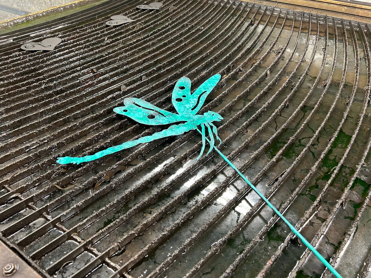 Dragonfly garden stake turquoise metal by Rustica Ornamentals for lawn or wall hanging on Tampa Home & Garden Store