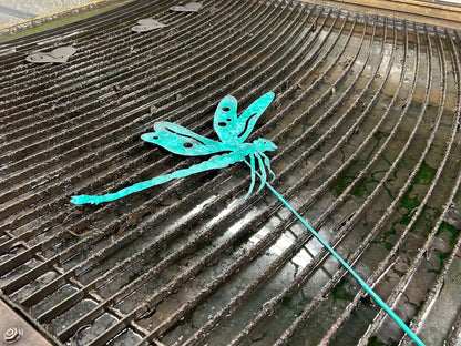 Dragonfly garden stake turquoise metal by Rustica Ornamentals for lawn or wall hanging on Tampa Home & Garden Store