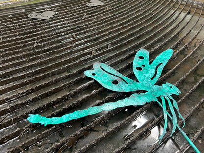 Dragonfly Garden Stake by Rustica Ornamentals, turquoise metal wall hanging for lawn decor on Tampa Home & Garden Store