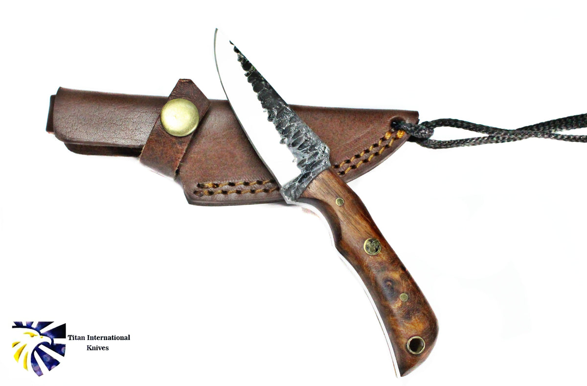 E3 Carbon 1080 neck knife with forged mini rosewood grip by Titan TC-003 brown leather sheath on Tampa Home & Garden Store