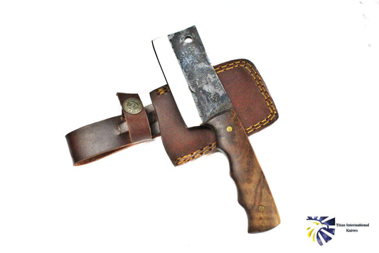 Mini Clever knife with rosewood grip and forged scales by Titan TC-004, leather sheath on Tampa Home & Garden Store