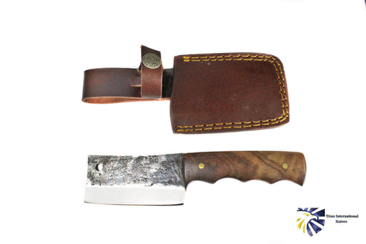 Mini Clever with rosewood grip and forged scales, Titan TC-004, in brown leather sheath on Tampa Home & Garden Store