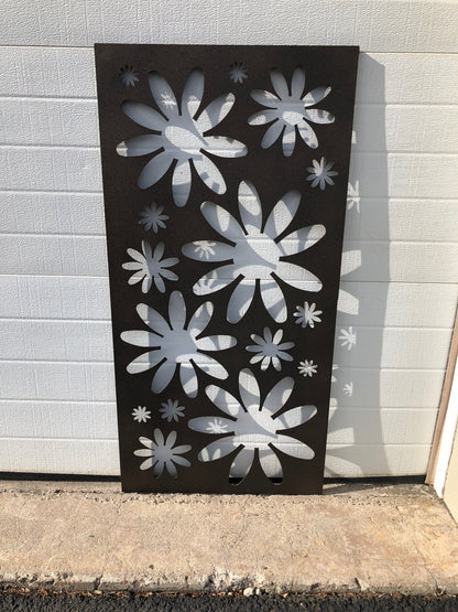 Rustica Ornamentals outdoor metal privacy panel with daisy cutouts in black heavy-duty steel on Tampa Home & Garden Store
