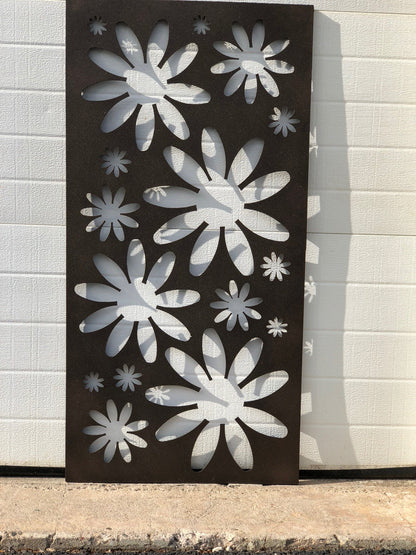 Decorative metal privacy screen panel with large floral cutouts in dark brown finish on Tampa Home & Garden Store