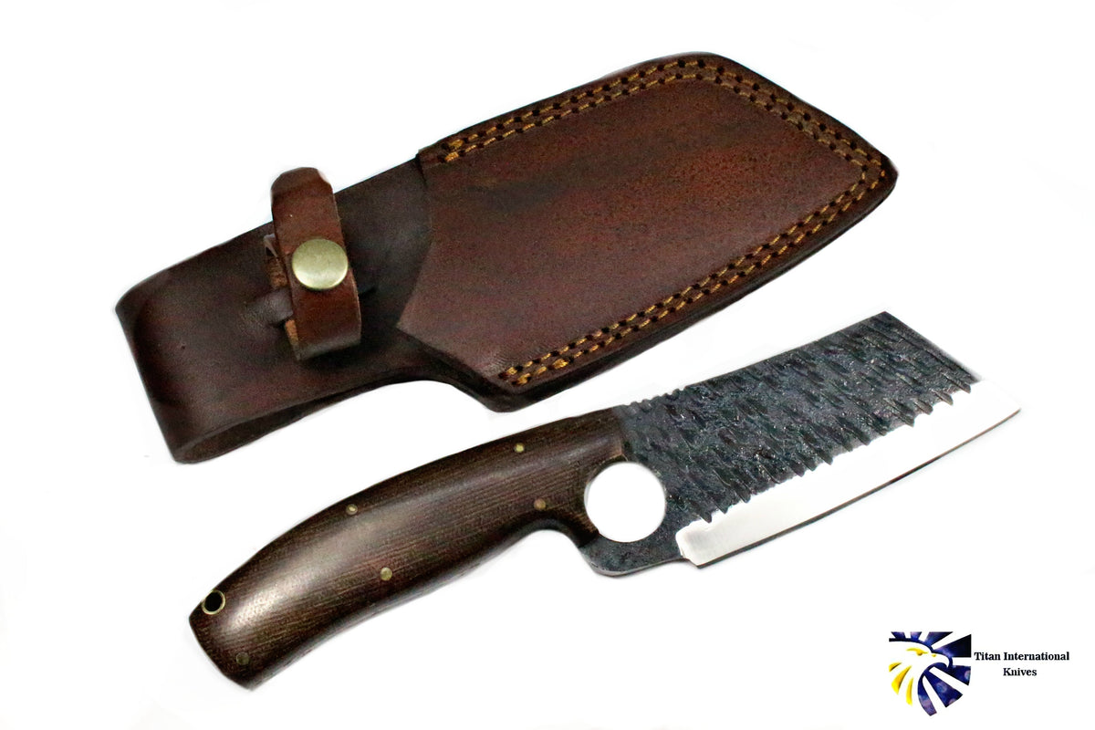 Hand Forged Clever Style Carbon Steel Blade Titan TC-006 in brown leather sheath with brass snap on Tampa Home & Garden Store