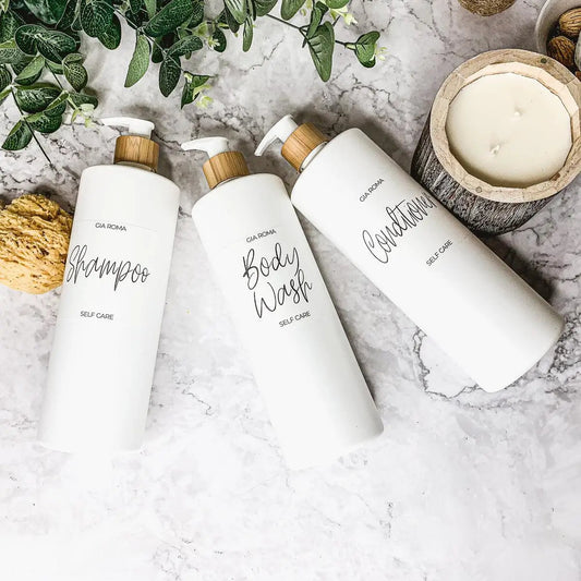 32oz white Gia Roma dispenser set with wooden pumps for Shampoo, Body Wash, Conditioner on Tampa Home & Garden Store