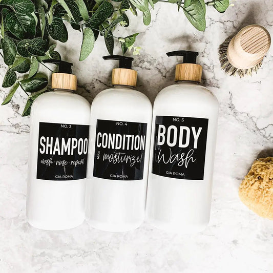 32oz white dispenser trio by Gia Roma for shampoo, conditioner & body wash with wood pump tops on Tampa Home & Garden Store