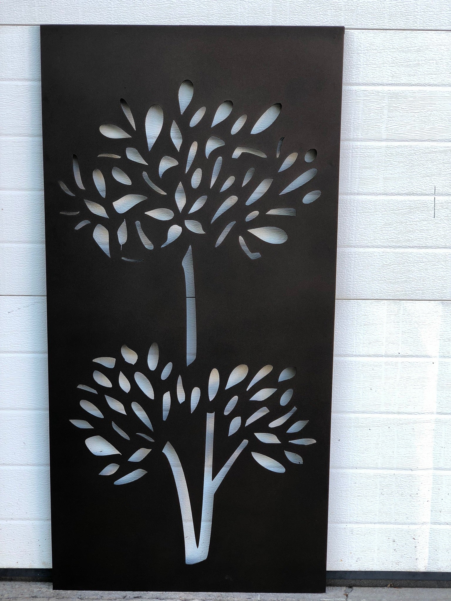 Outdoor privacy screen by Rustica Ornamentals, black metal cut-out tree design, 46in on Tampa Home & Garden Store