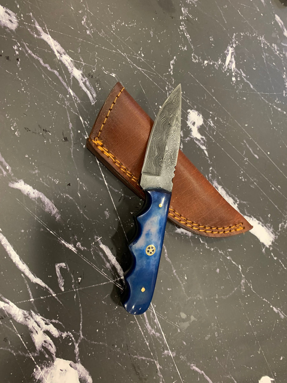 4'' Damascus drop point knife with blue dyed bone handle TD-111 by Titan International, brown leather sheath on Tampa Home & Garden Store