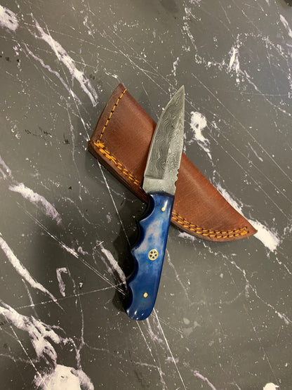 4'' Damascus drop point knife with blue dyed bone handle TD-111 by Titan International, brown leather sheath on Tampa Home & Garden Store