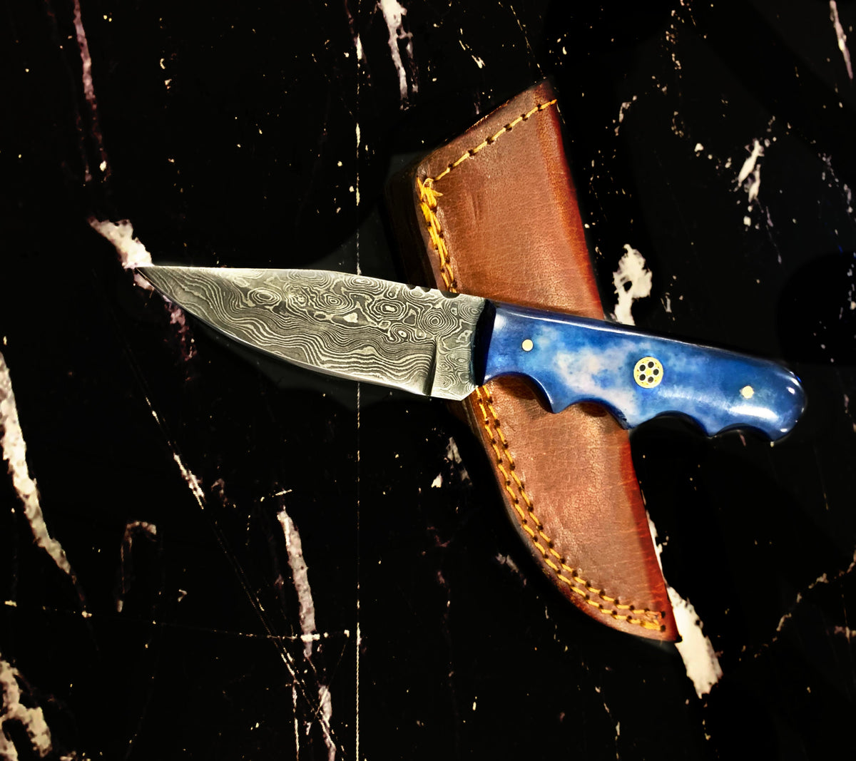 4'' Damascus drop point knife with blue handle and Damascus blade, leather sheath TD-111 on Tampa Home & Garden Store