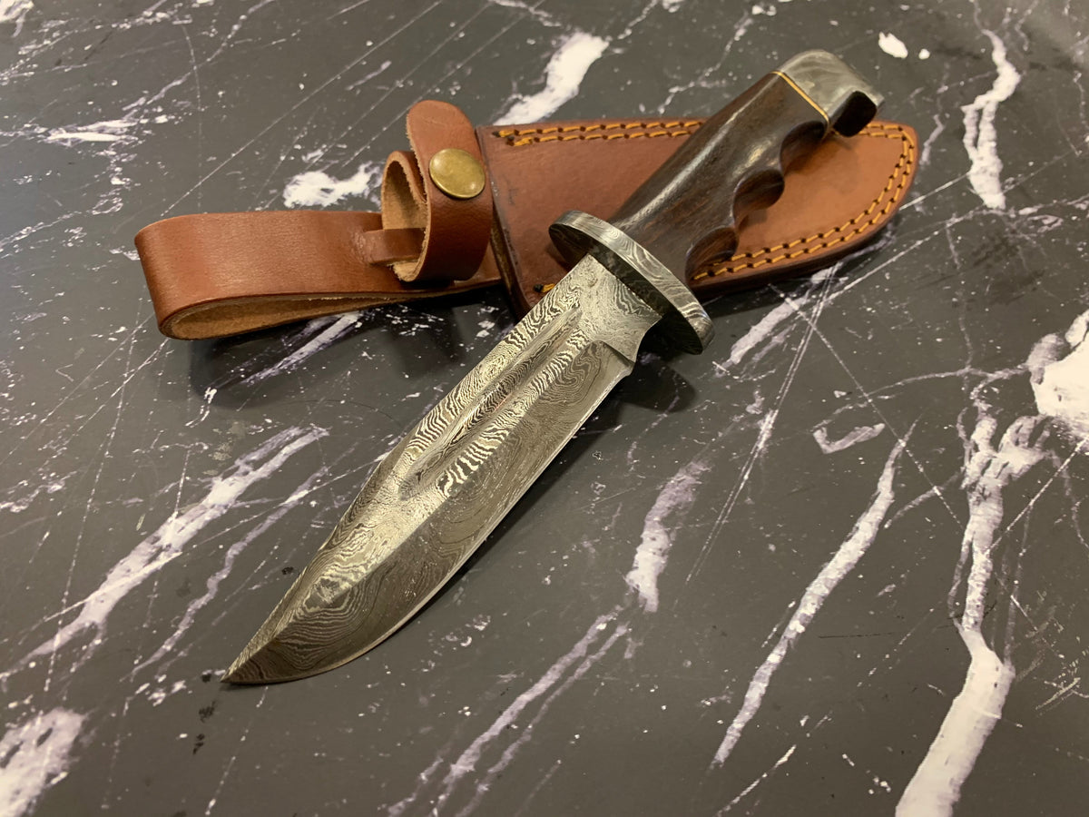 Damascus hunting knife with full tang and Damascus hilt, Titan TD-216, leather sheath on Tampa Home & Garden Store