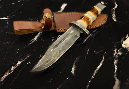Damascus hunting knife TD-216 by Titan, full tang and Damascus hilt, leather sheath on Tampa Home & Garden Store
