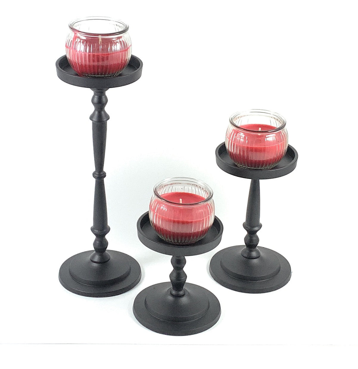 Vibhsa Pillar Candle Holders set of 3 matte black metal with red ribbed glass votives on Tampa Home & Garden Store