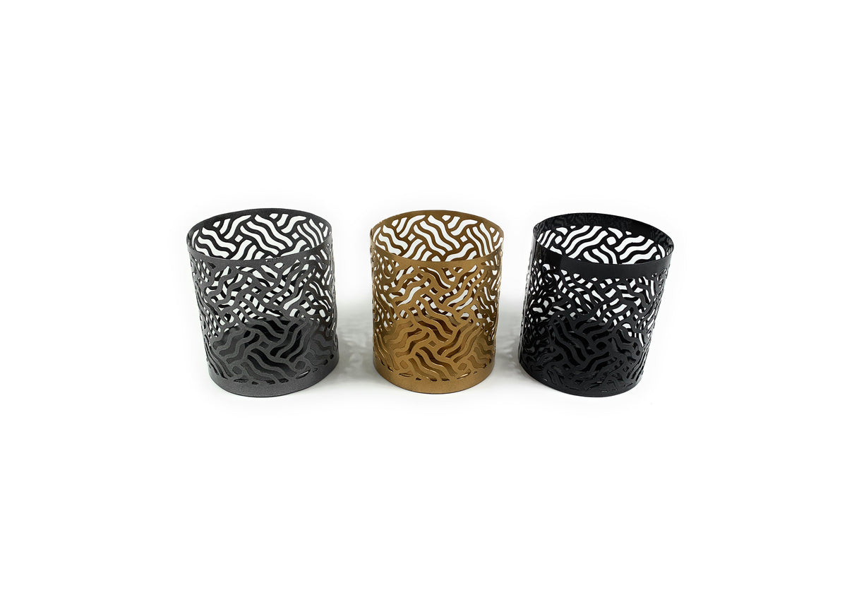 Vibhsa votive candle holders set of 3 in black, grey & gold with laser-cut pattern on Tampa Home & Garden Store