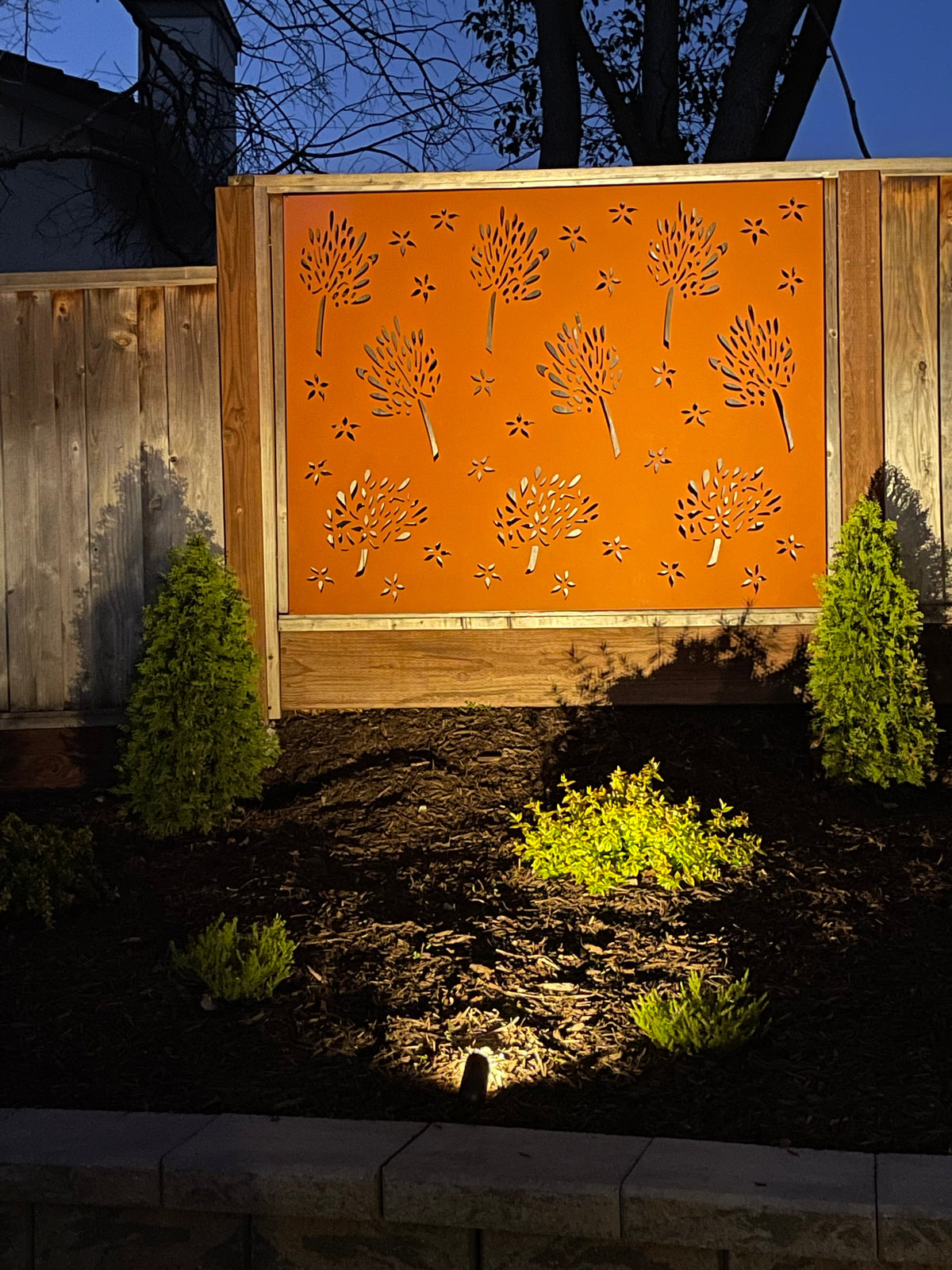 Privacy Screen Outdoor Metal Wall Art by Rustica Ornamentals - orange panel with tree silhouettes on Tampa Home & Garden Store