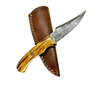 Damascus steel skinning knife burnt bone handle leather sheath TD-215 on Tampa Home & Garden Store