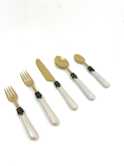 Vibhsa 20-piece flatware set with white resin handles and gold-tone antique design on Tampa Home & Garden Store