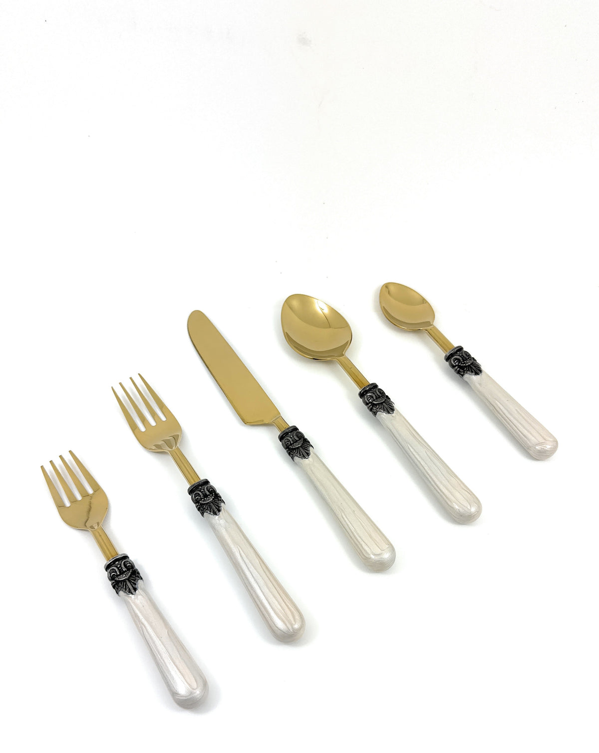 Vibhsa white resin handle flatware set of 20 with gold-tone antique design utensils on Tampa Home & Garden Store