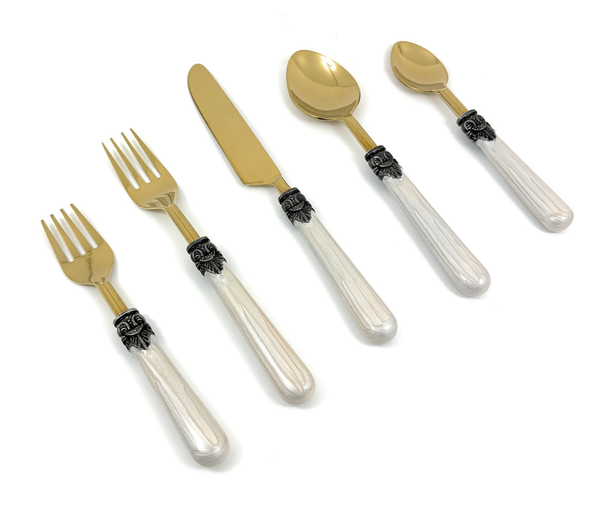 Flatware set by Vibhsa, 20pc, white resin-handle with antique forks/spoons, black collars on Tampa Home & Garden Store