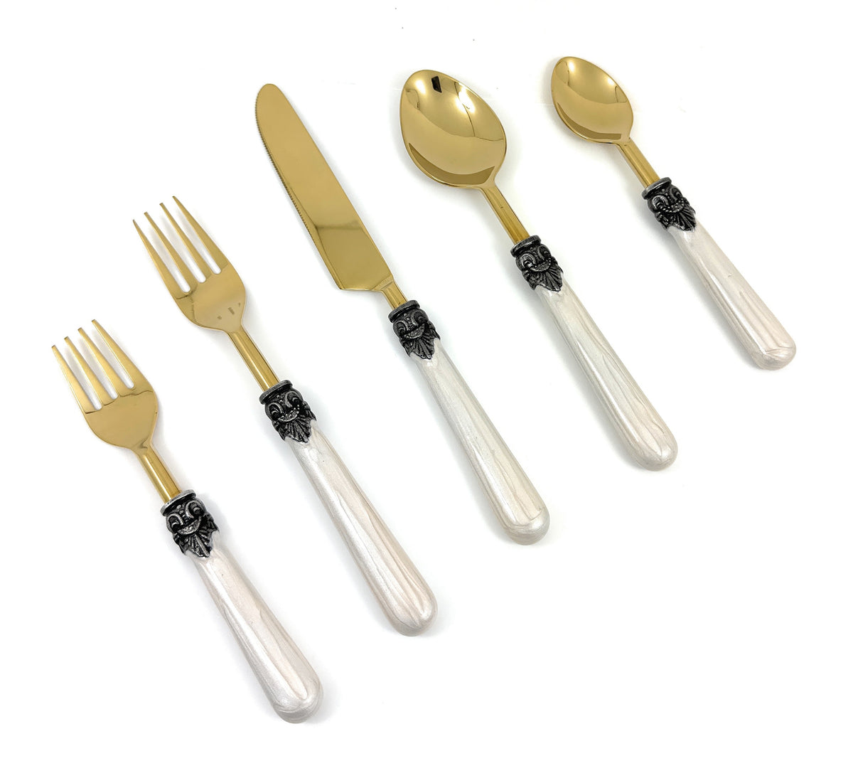 Vibhsa 20-piece white resin-handle flatware set with antique design; gold knife and spoons on Tampa Home & Garden Store