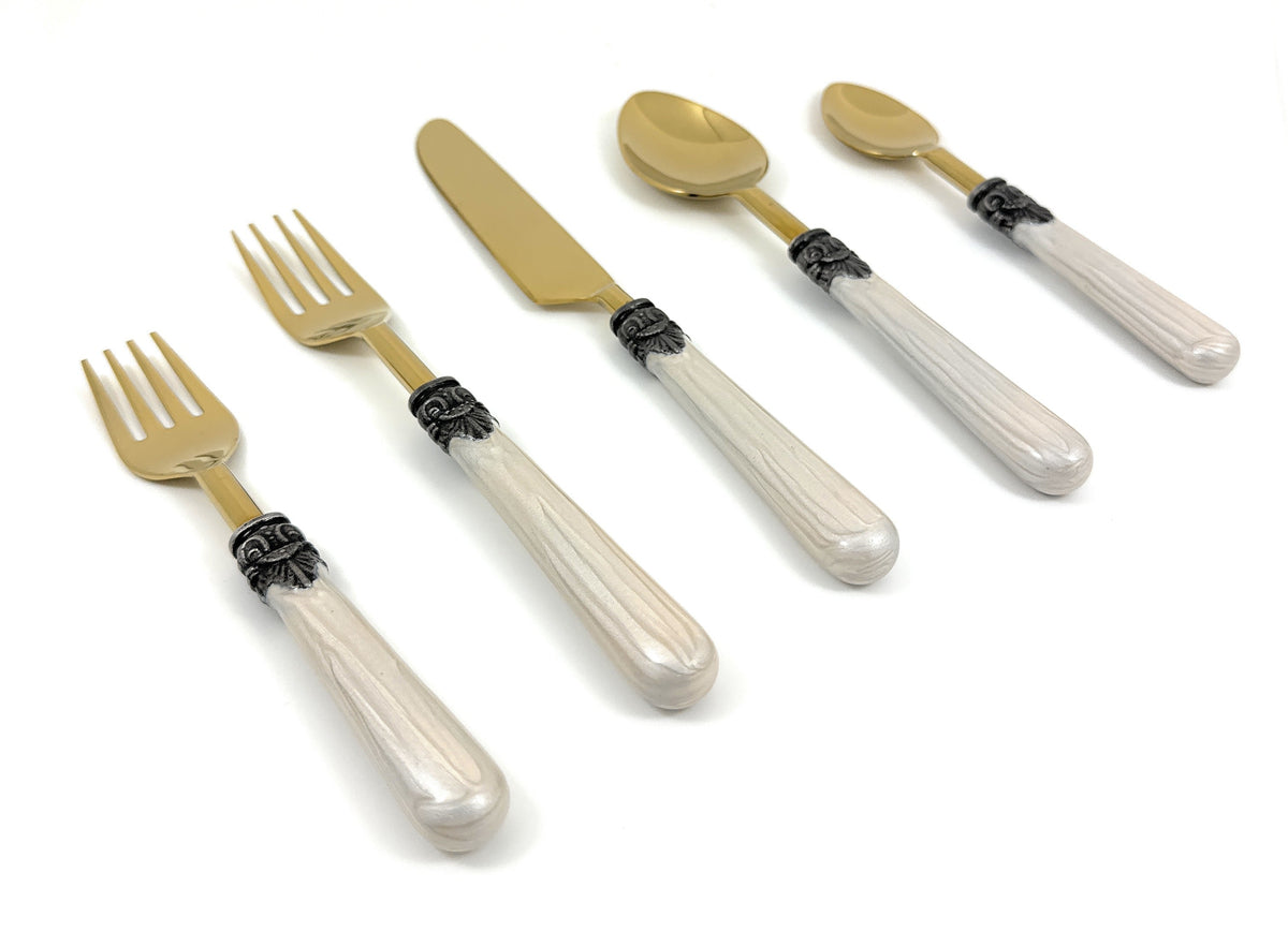 Vibhsa white resin-handle flatware set, antique design; gold-tone forks, knife and spoons (5 pieces) on Tampa Home & Garden Store