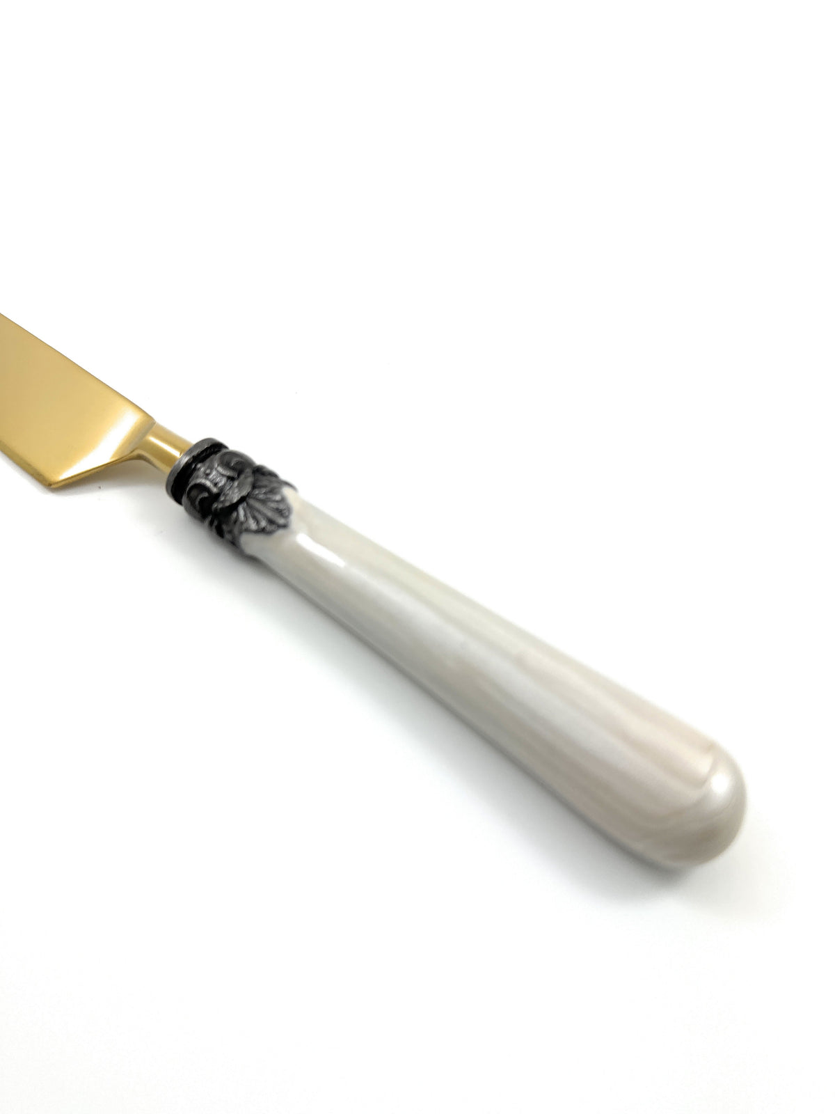 Vibhsa white resin-handle flatware knife with antique black collar and gold blade on Tampa Home & Garden Store