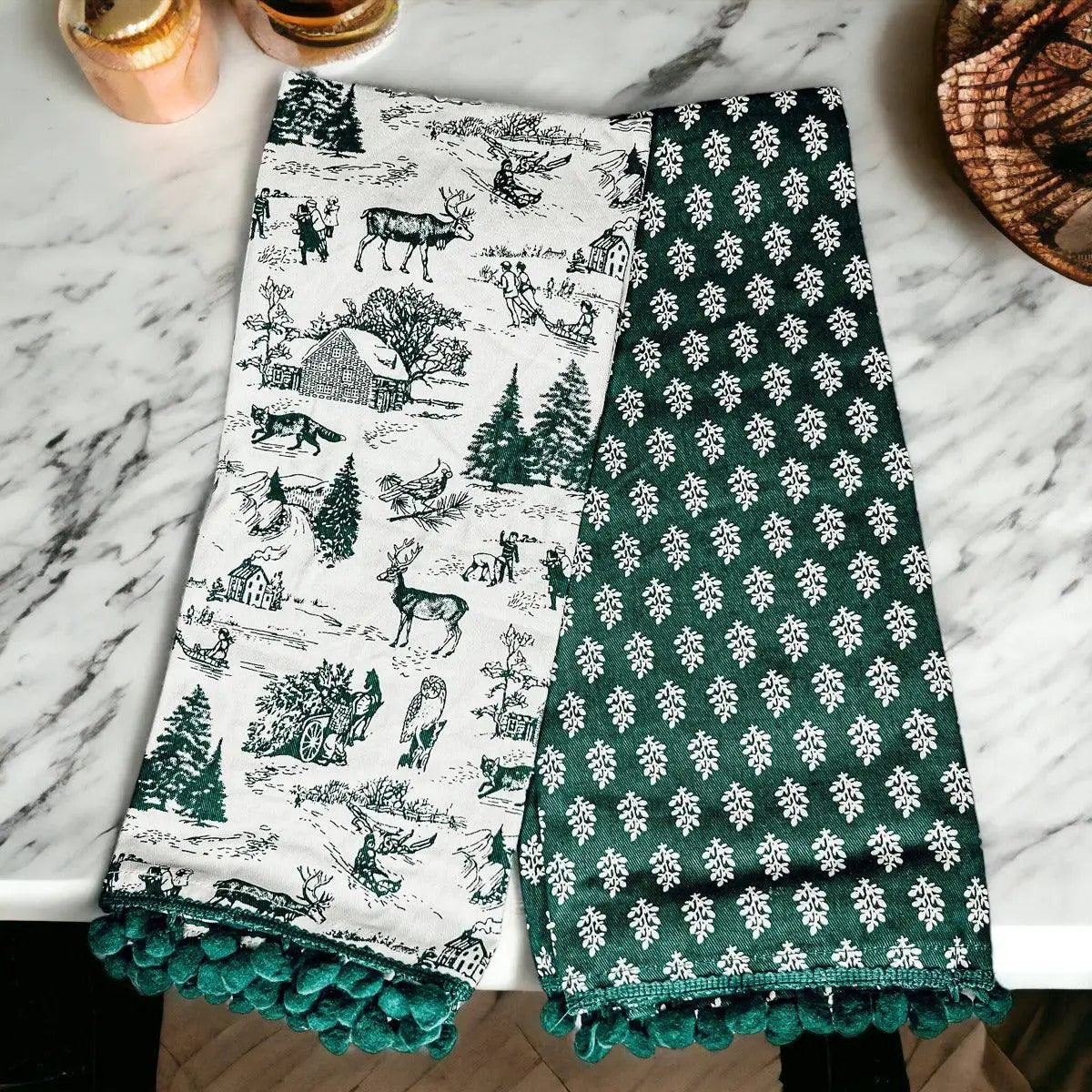 Forest Green Dish Towels Set of Two Christmas