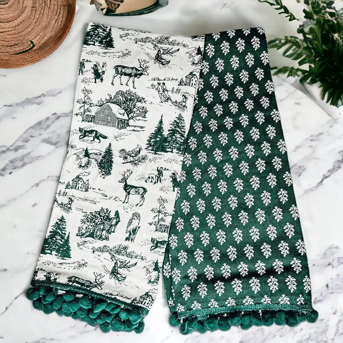 Forest Green Dish Towels Set of Two Christmas