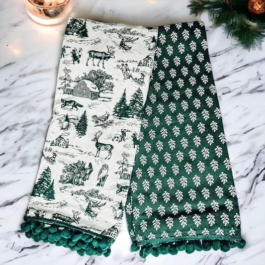 Forest Green Towels by Gia Roma Christmas decor woodland print white motif green pom-pom trim on Tampa Home & Garden Store