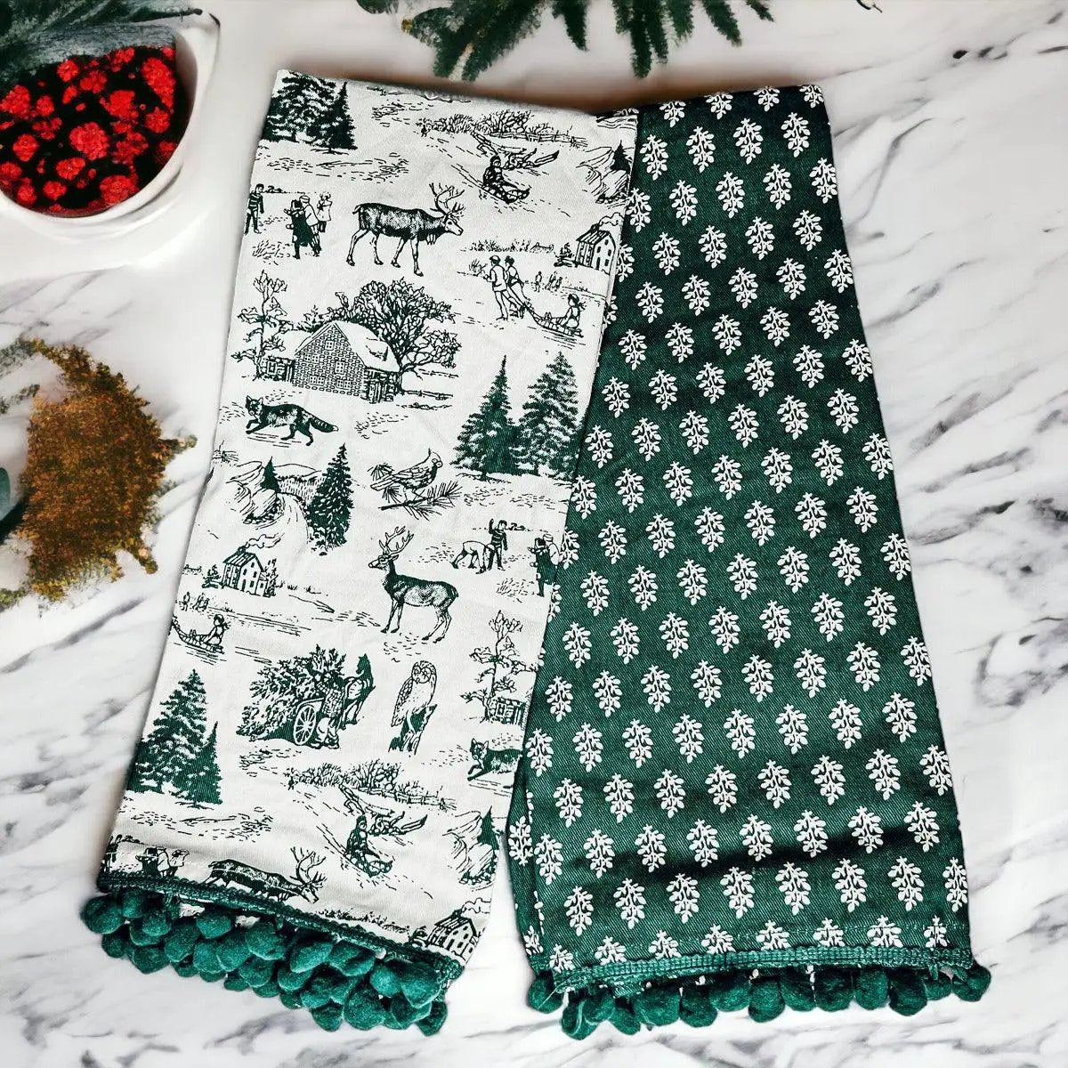 Forest Green Dish Towels Set of Two Christmas