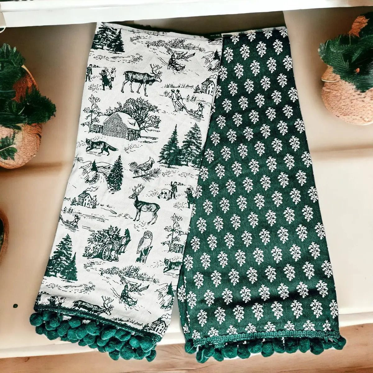 Forest Green Dish Towels Set of Two Christmas