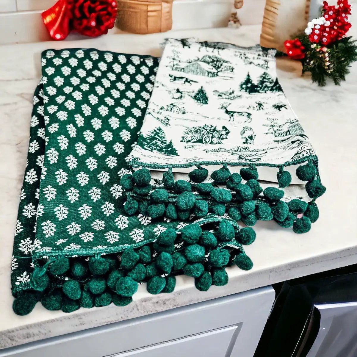 Forest Green Dish Towels Set of Two Christmas
