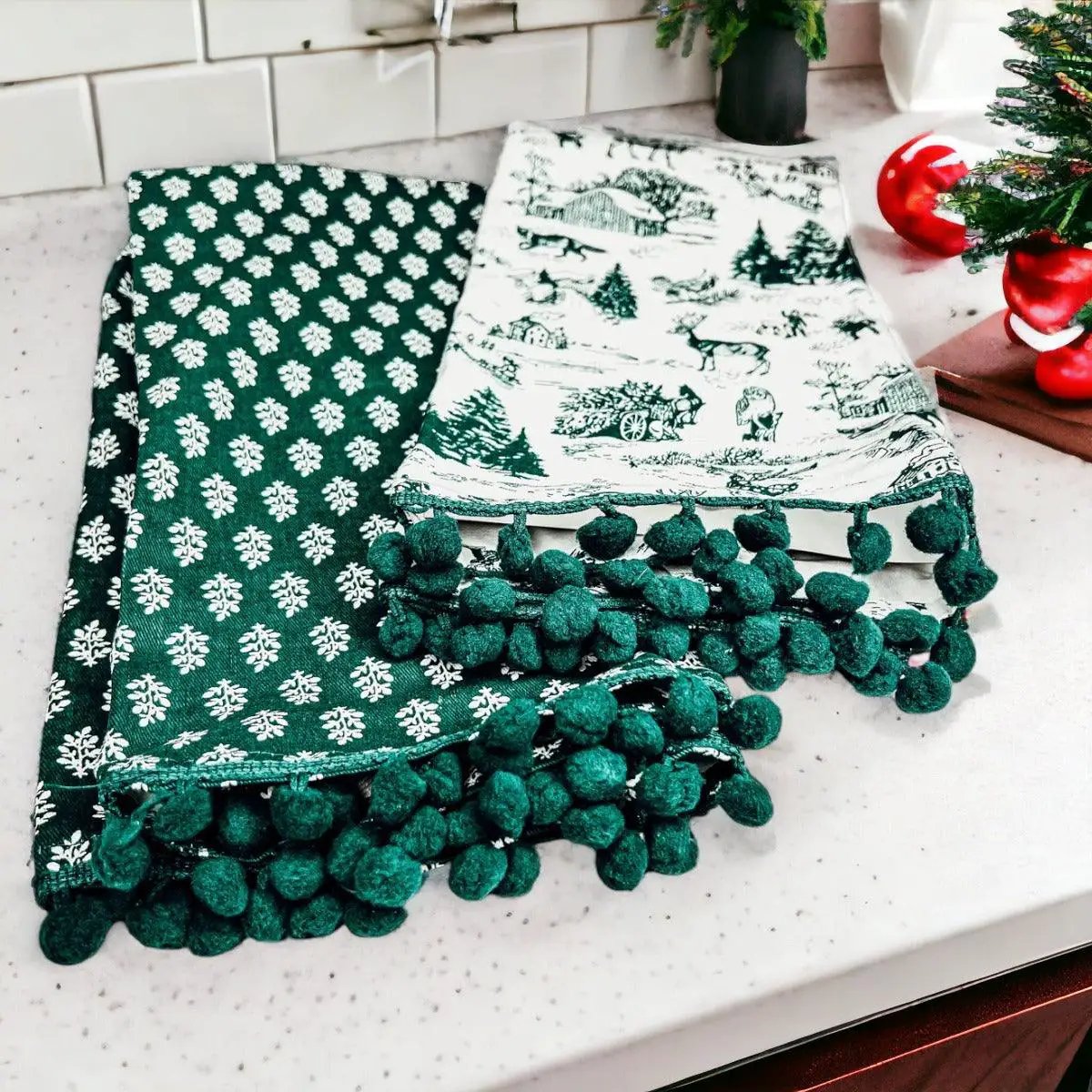 Forest Green Dish Towels Set of Two Christmas