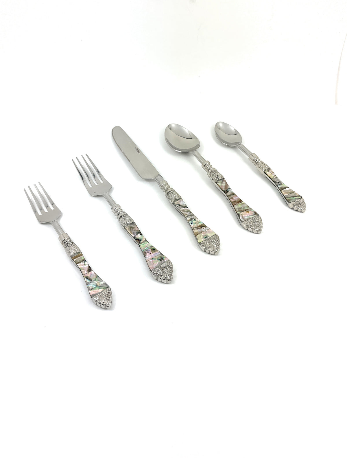 Vibhsa stainless steel flatware five-piece Seawork abalone shell handle forks and spoons on Tampa Home & Garden Store
