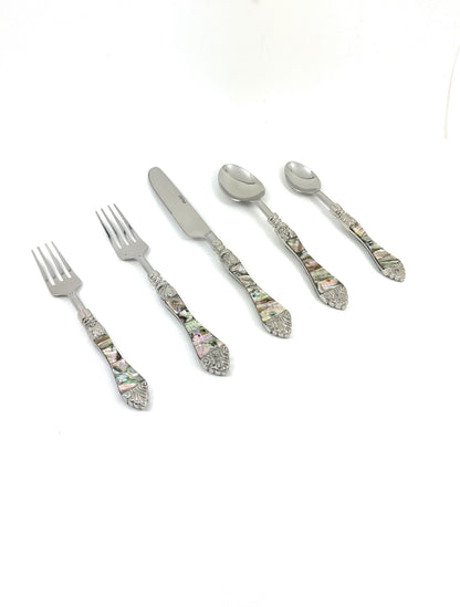 Vibhsa stainless steel flatware five-piece Seawork abalone shell handle forks and spoons on Tampa Home & Garden Store