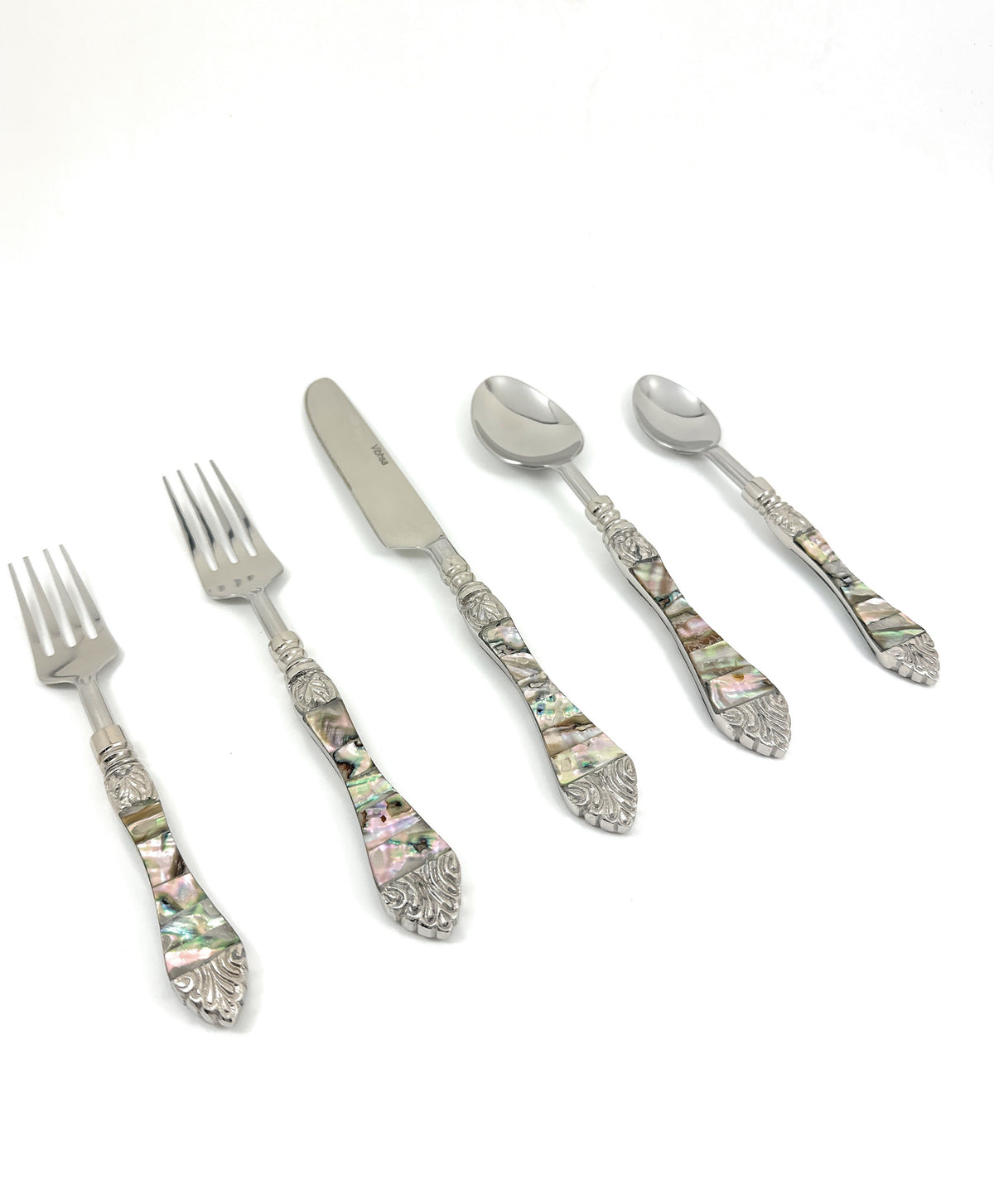 Vibhsa 20-piece stainless steel flatware set with Seawork shell-inlay handles on Tampa Home & Garden Store