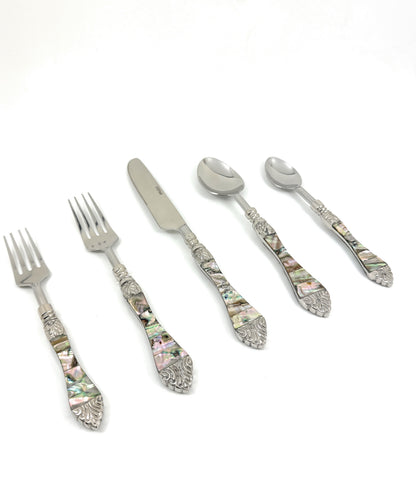 Vibhsa 20-piece stainless steel flatware set with Seawork shell-inlay handles on Tampa Home & Garden Store