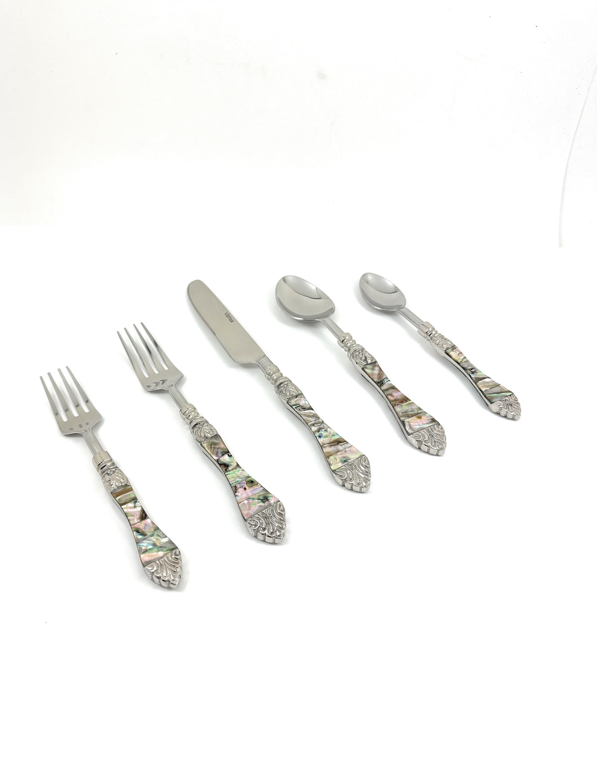 Vibhsa stainless flatware with Seawork shell-inlay handles; forks and spoons on Tampa Home & Garden Store