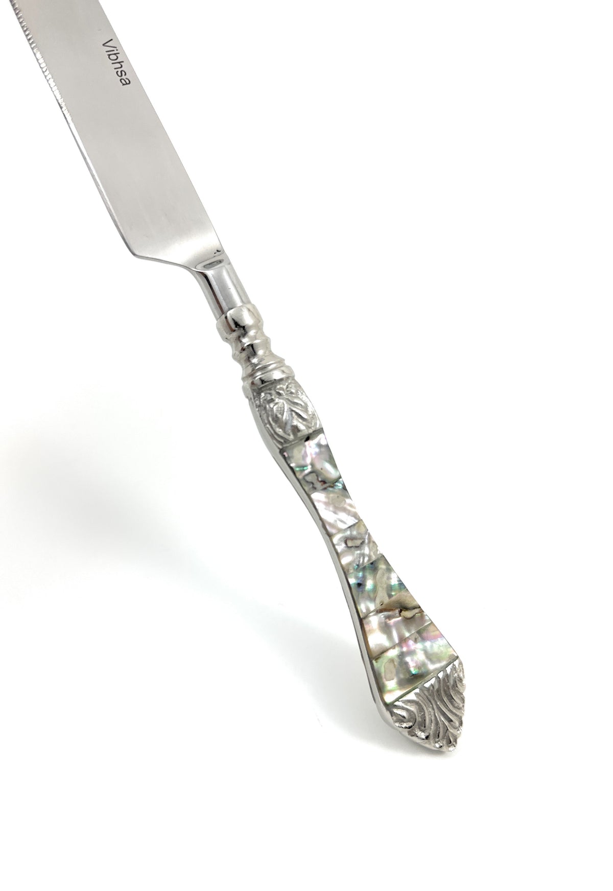 Vibhsa stainless steel flatware knife with Seawork handle and ornate engraved floral grip on Tampa Home & Garden Store