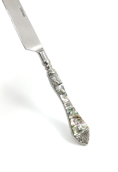 Vibhsa stainless steel flatware knife with Seawork handle and ornate engraved floral grip on Tampa Home & Garden Store