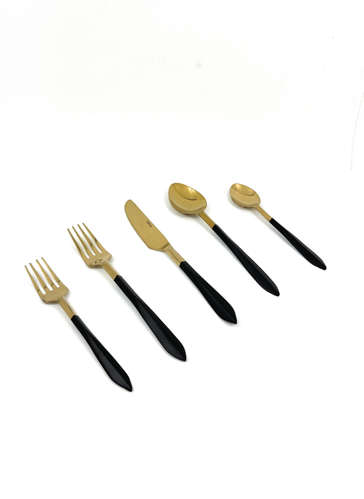 Vibhsa flatware set with gold matte heads and black handles, 5-piece display on Tampa Home & Garden Store