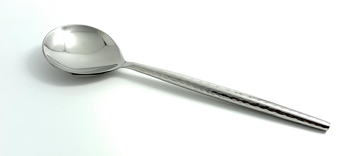 Vibhsa soup spoon, stainless steel with hammered textured handle, polished finish on Tampa Home & Garden Store