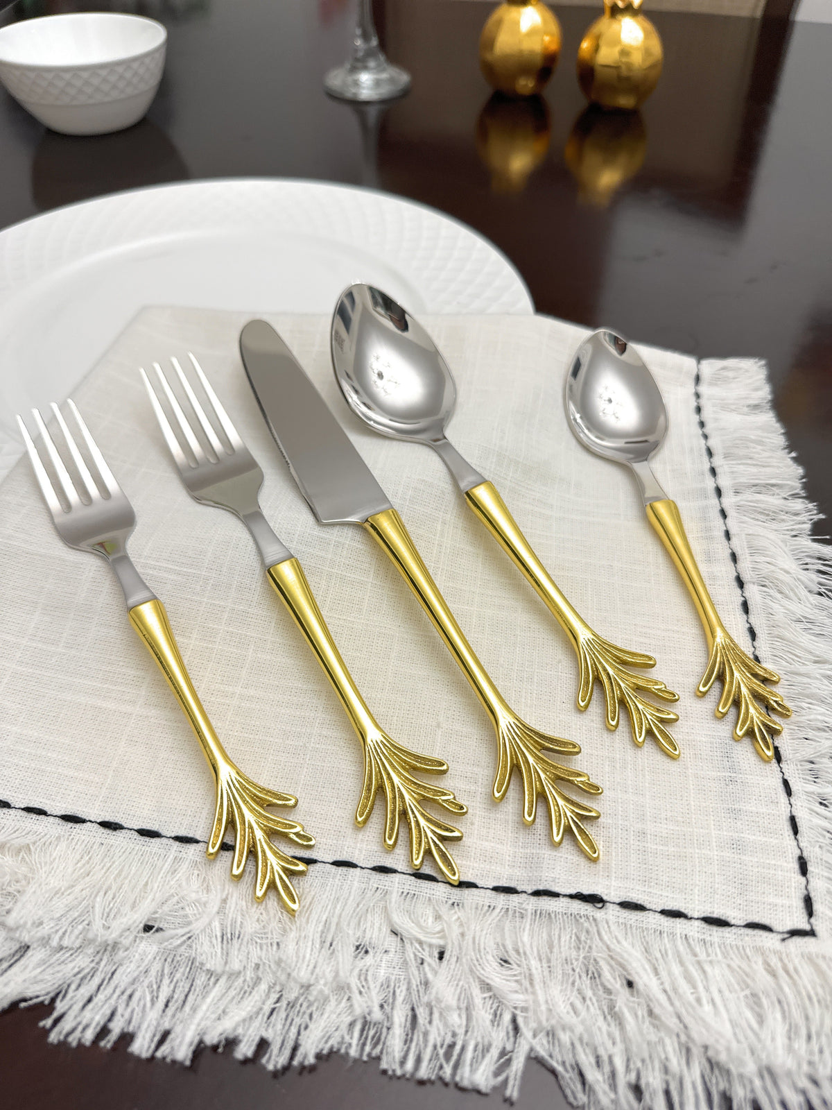Stainless steel flatware set 20pc by Vibhsa with gold leaf handles, leaf design five-piece on Tampa Home & Garden Store