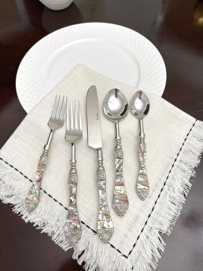 Vibhsa stainless steel flatware with Seawork handle; 5-piece fork/knife/spoon on napkin on Tampa Home & Garden Store