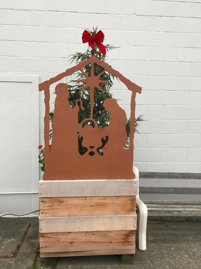 Nativity Scene Outdoor rust silhouette with star and Mary & Joseph with red bow on Tampa Home & Garden Store