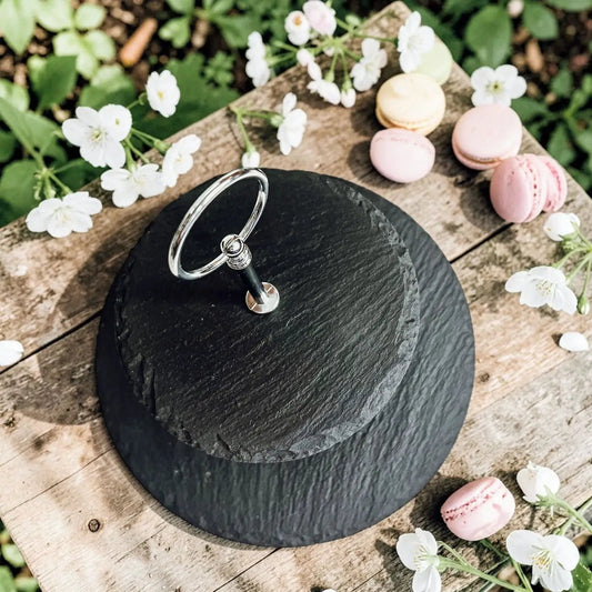 Gia Roma Tiered Slate Stand slate tray with round black base and silver ring holder on Tampa Home & Garden Store