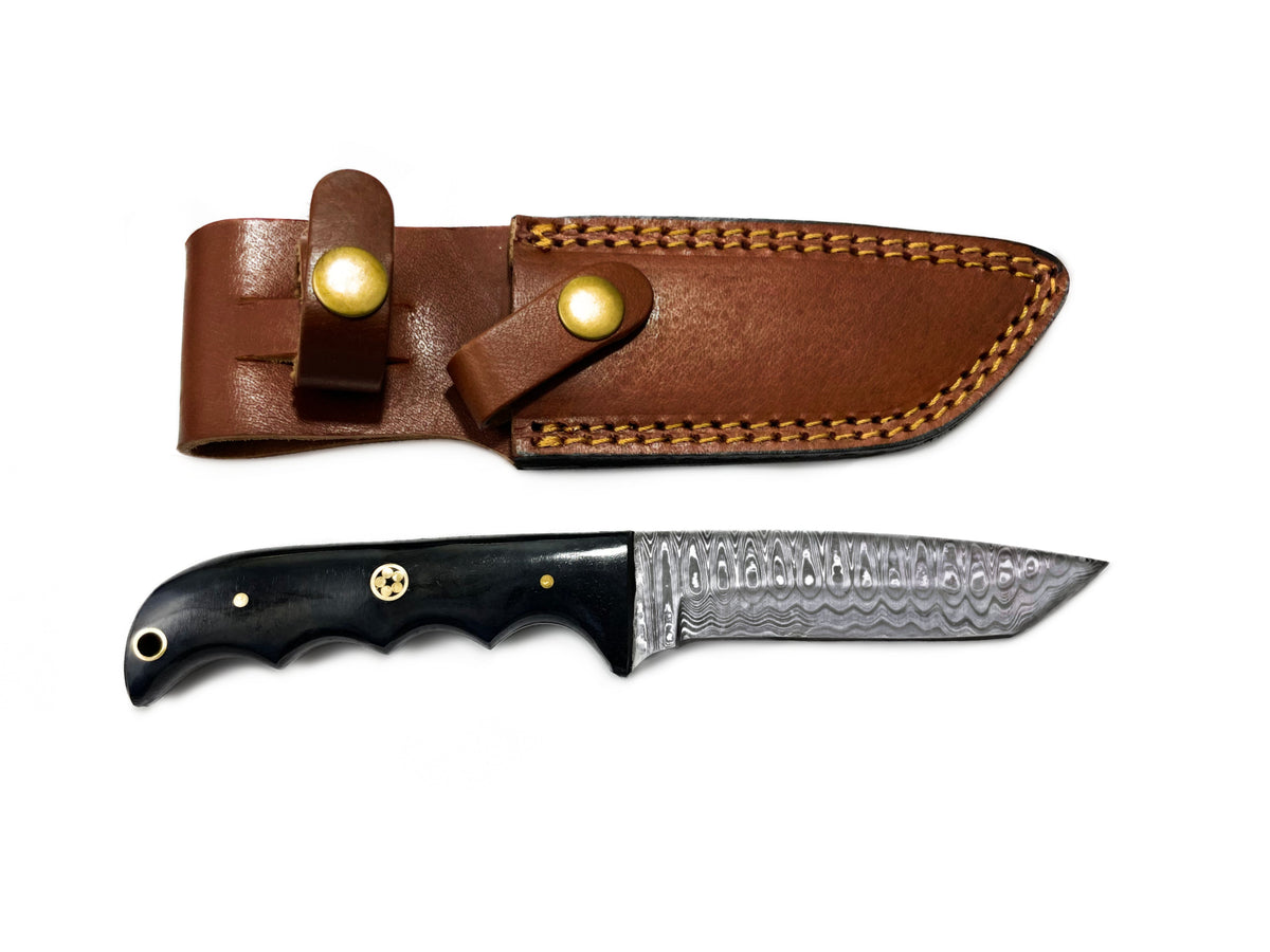 TD-010 brown leather knife sheath with brass rivets; Damascus blade peeks out on Tampa Home & Garden Store